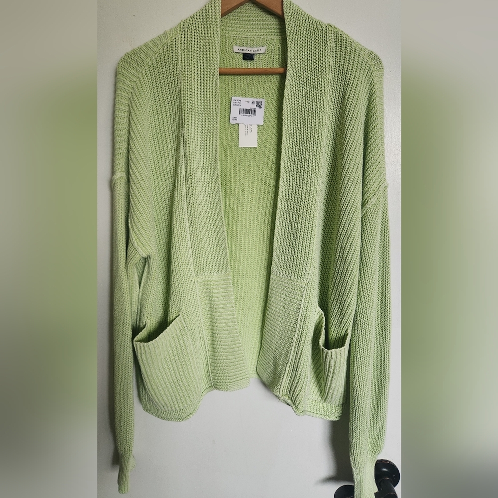 American Eagle Outfitters Light Green Open-Front Knit Cardigan